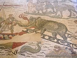 Piazza Armerina mosaic of soldiers loading African elephants onto boat